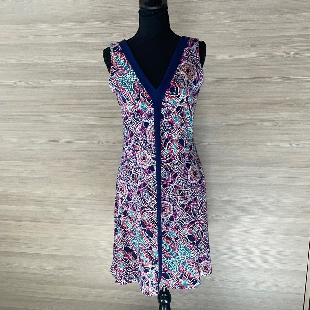 Title Nine Hillary Dream Active Dress, V Neck, Navy & Purple Paisley - M